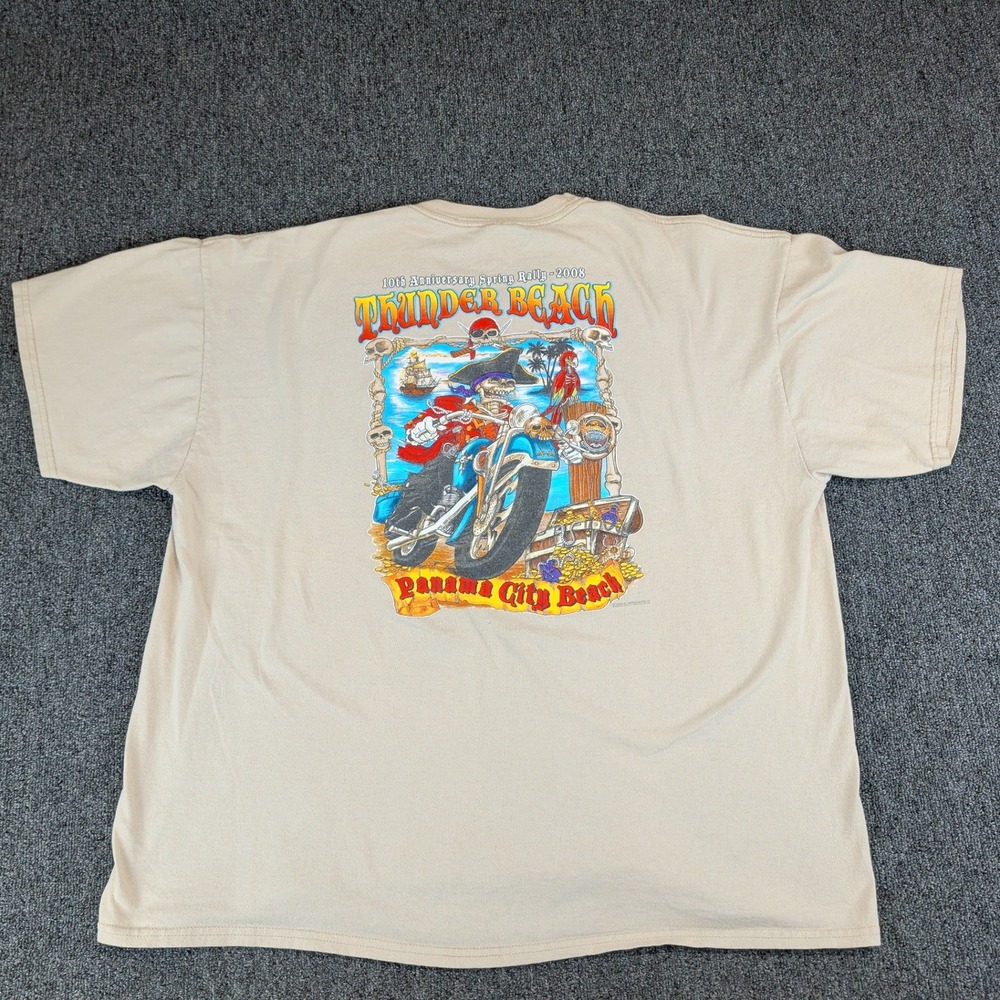 Jerzees 2008 Thunder Beach Spring Rally Biker Shirt Men 2X Tan Pirate Motorcycle